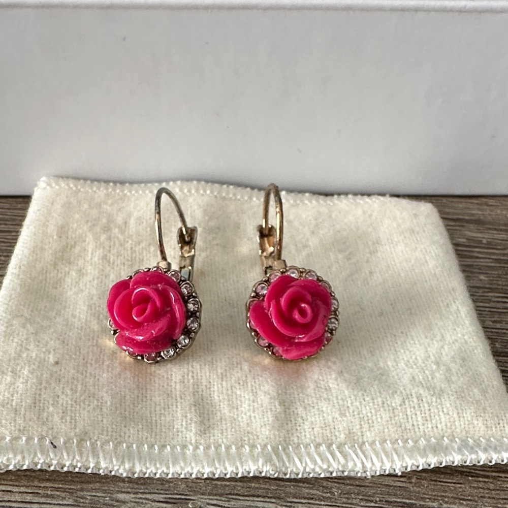 Vintage Betsy Johnson Pink Rose Dangle Earrings
